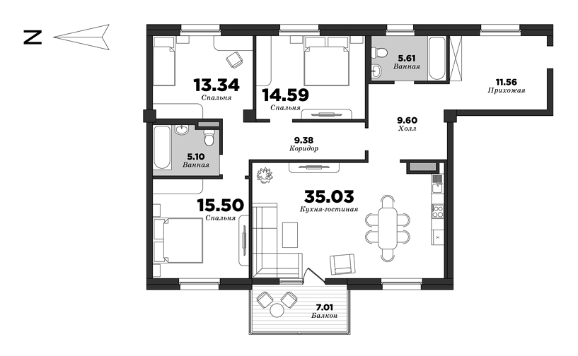 NEVA HAUS, Корпус 1, 3 спальни, 123.22 м² | планировка элитных квартир Санкт-Петербурга | М16
